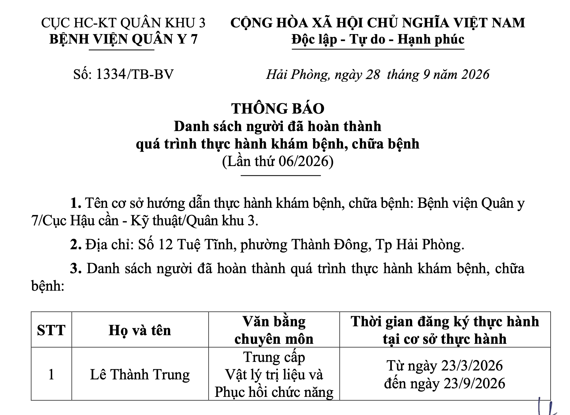 Bệnh viện Quân y 7 thông báo Danh sách người đã hoàn thành quá trình thực hành khám bệnh, chữa bệnh (Lần thứ 6/2026)